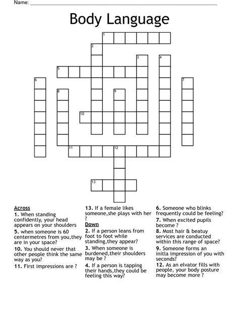 Specialist in body language crossword - Languages Crossword Clue. Languages. Crossword Clue. The crossword clue Languages with 7 letters was last seen on the August 29, 2023. We found 20 possible solutions for this clue. We think the likely answer to this clue is TONGUES. You can easily improve your search by specifying the number of letters in the answer.